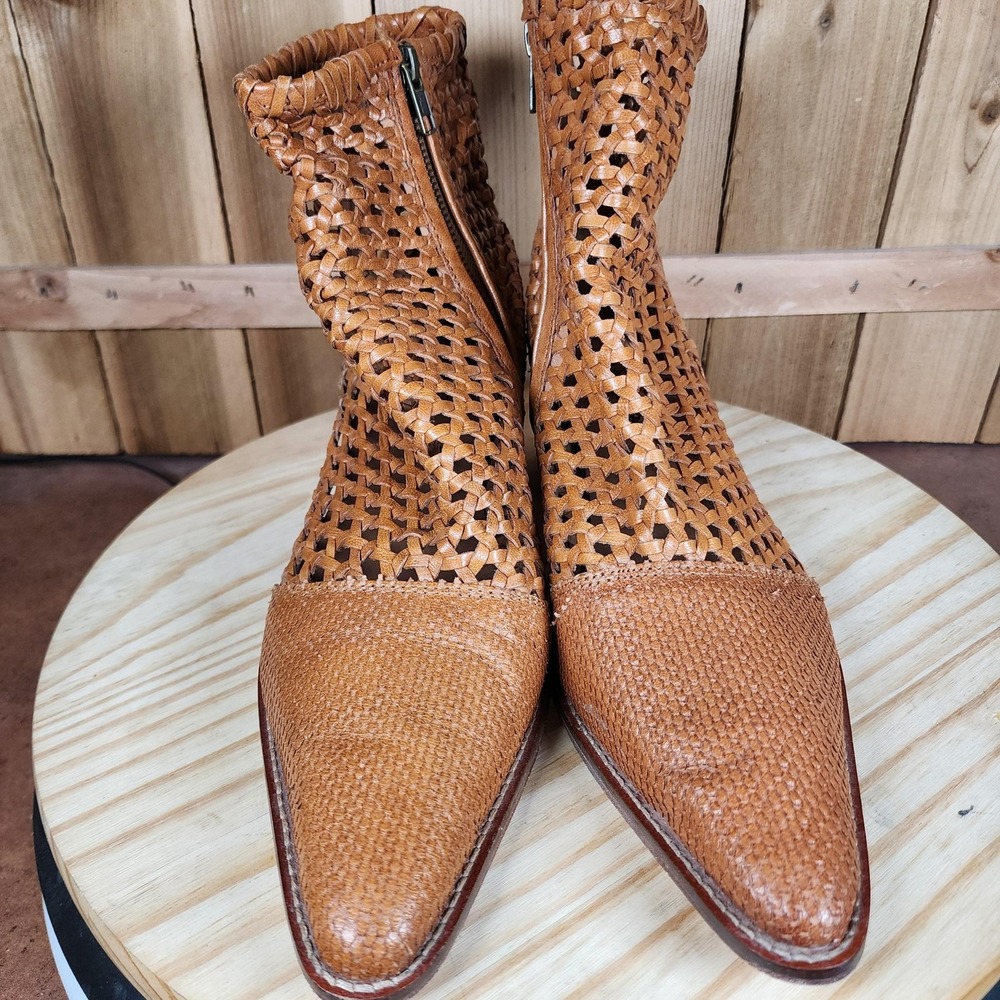 Free People In The Loop Boots Womens 10 Brown Leather Woven Ankle Booties Boho - Picture 2 of 9